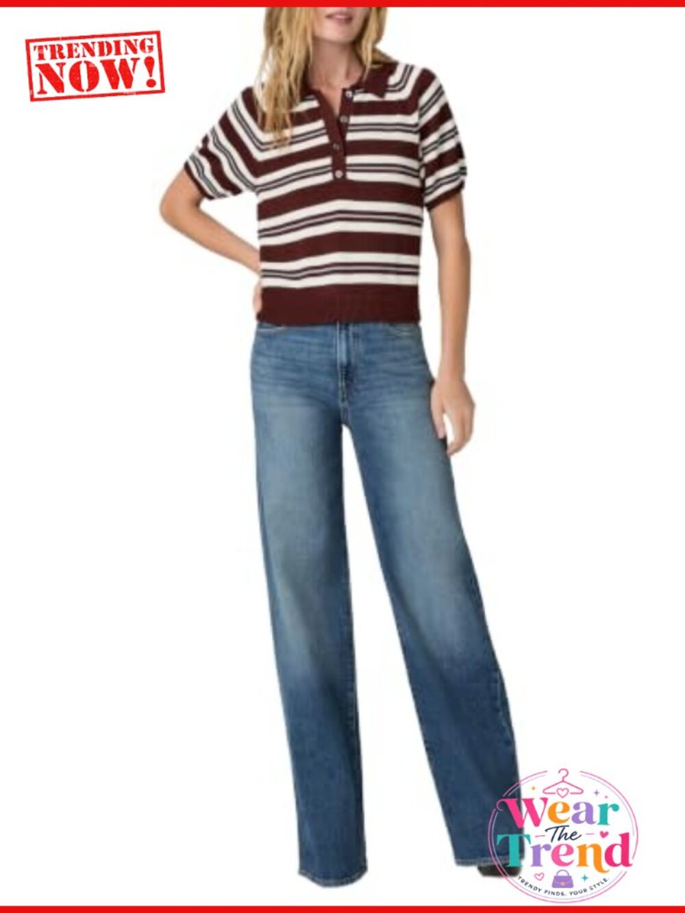 PAIGE Birch Top Organic Cotton Blend Puff Sleeve V-Neck Striped Polo